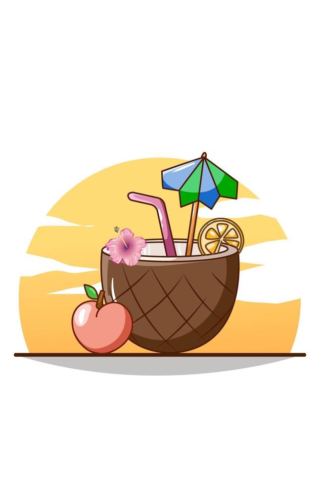 Sweet coconut ice drink in beach in the summer cartoon illustration vector