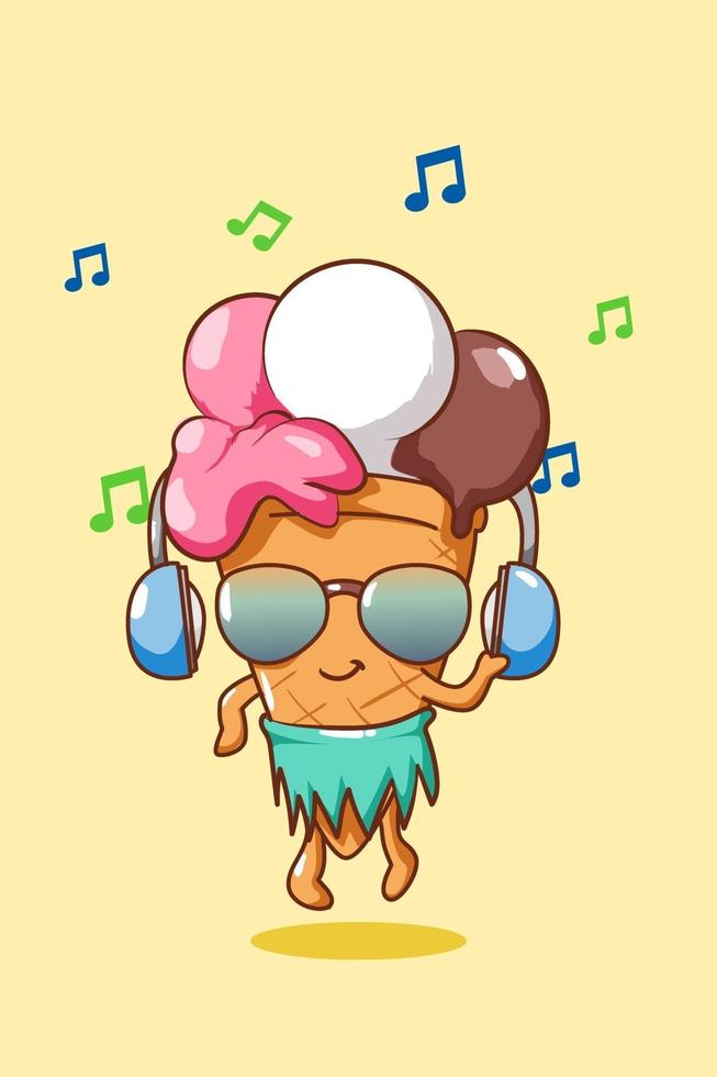 helado feliz y lindo con el icono de la música en la caricatura de verano vector