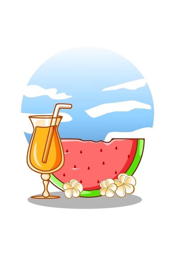 sandía dulce con jugo de naranja en la ilustración de dibujos animados de verano vector