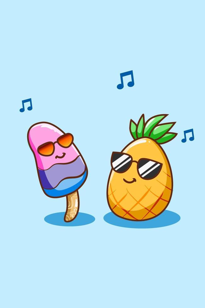 lindo helado y piña en la ilustración de dibujos animados de verano vector