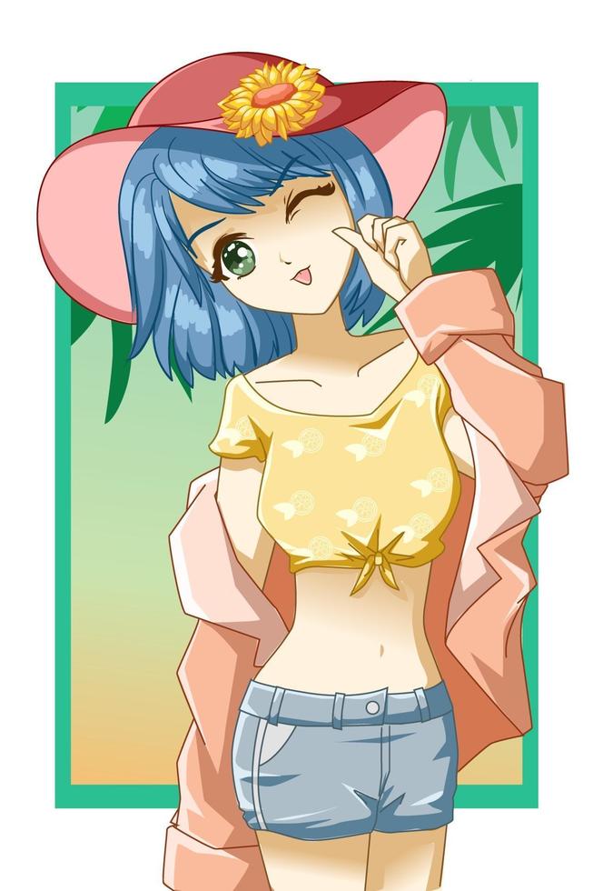 linda y caliente chica en la playa con lindo sombrero en la caricatura de verano vector