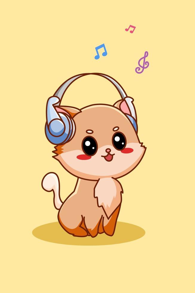 cute cat listening music vector