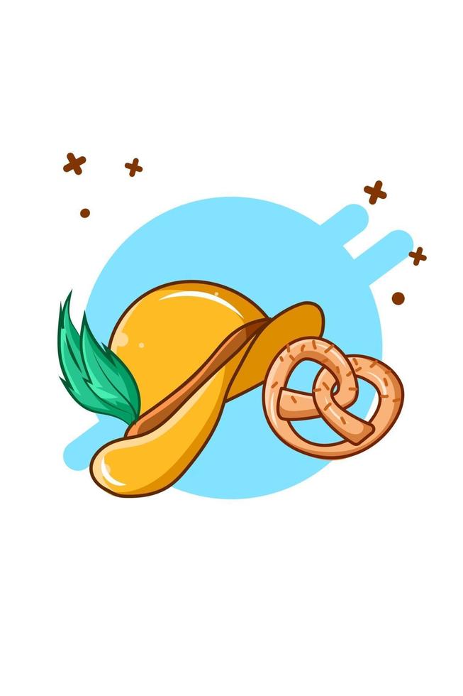 sombrero y pretzel en la ilustración de dibujos animados de oktoberfest vector