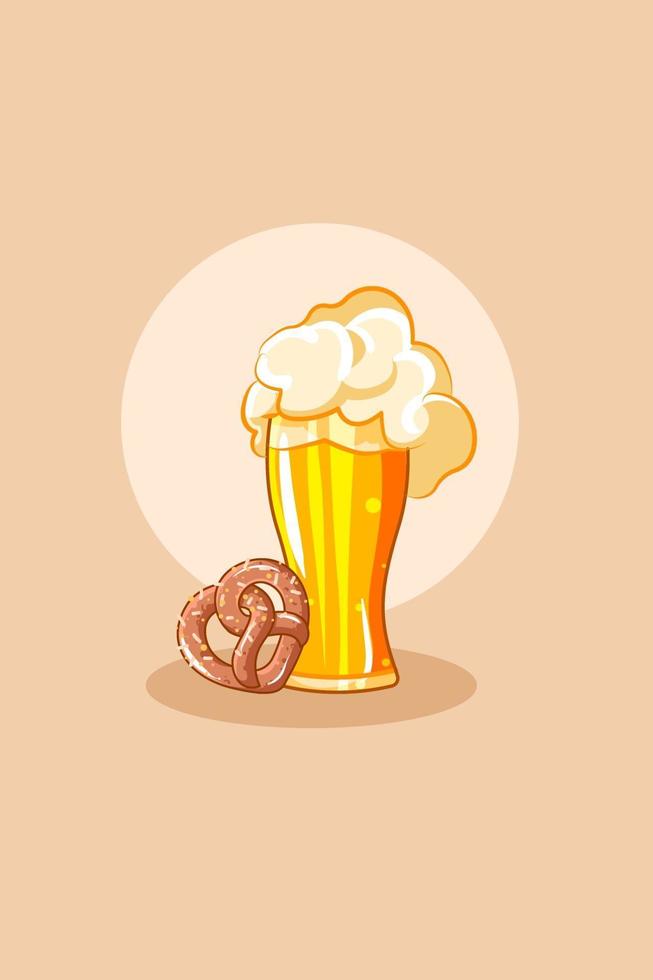 Cerveza de vidrio con pretzel en la ilustración de dibujos animados de oktoberfest vector