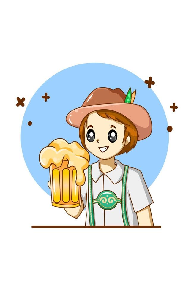 un buen niño celebrando el oktoberfest con cerveza ilustración de dibujos animados vector