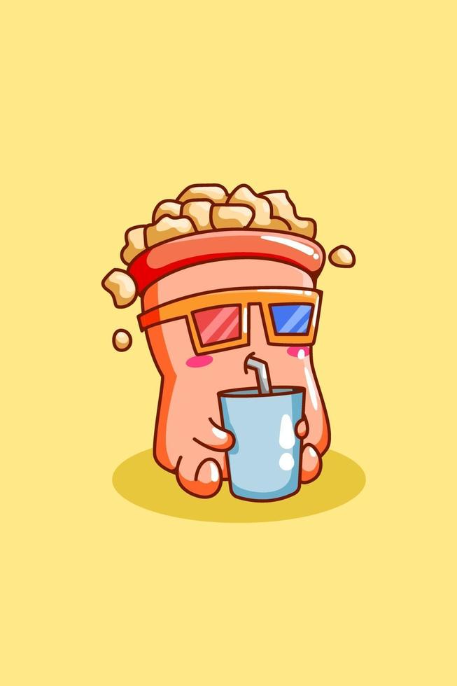 Cute and happy pop corn with drink cartoon illustration vector