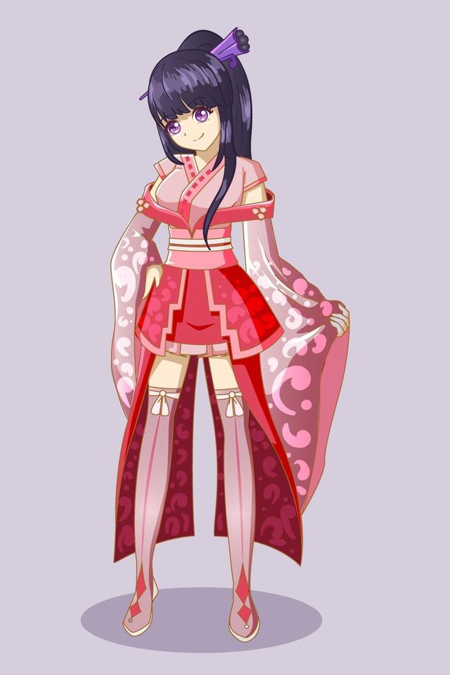 una hermosa niña con vestido kimono diseño personaje juego ilustración vector