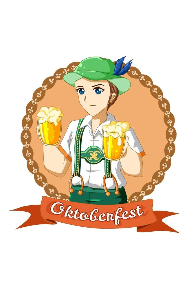 Boy with beer celebrating oktoberfest cartoon illustration vector