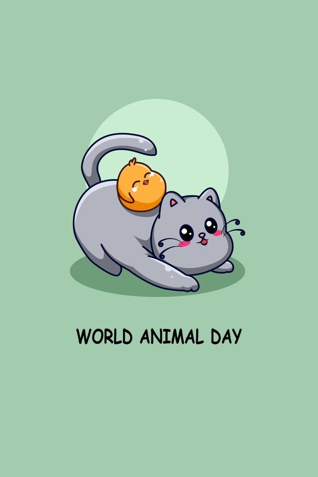 Funny cat and duck in world animal day cartoon illustration vector