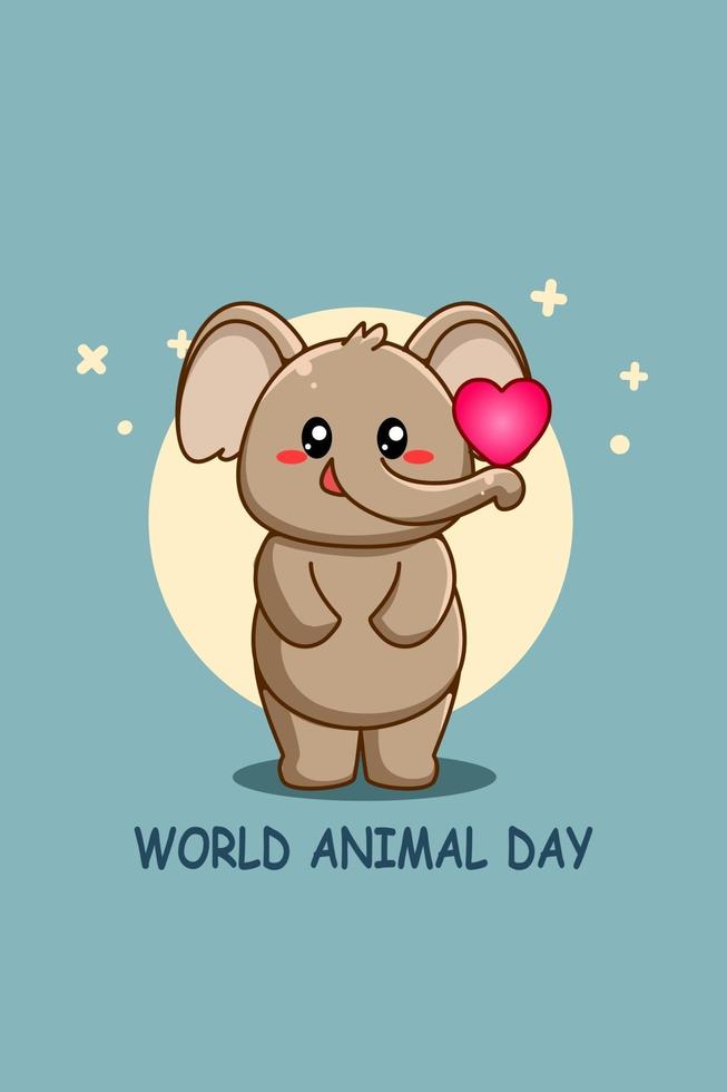 Funny elephant with heart in world animal day cartoon illustration vector