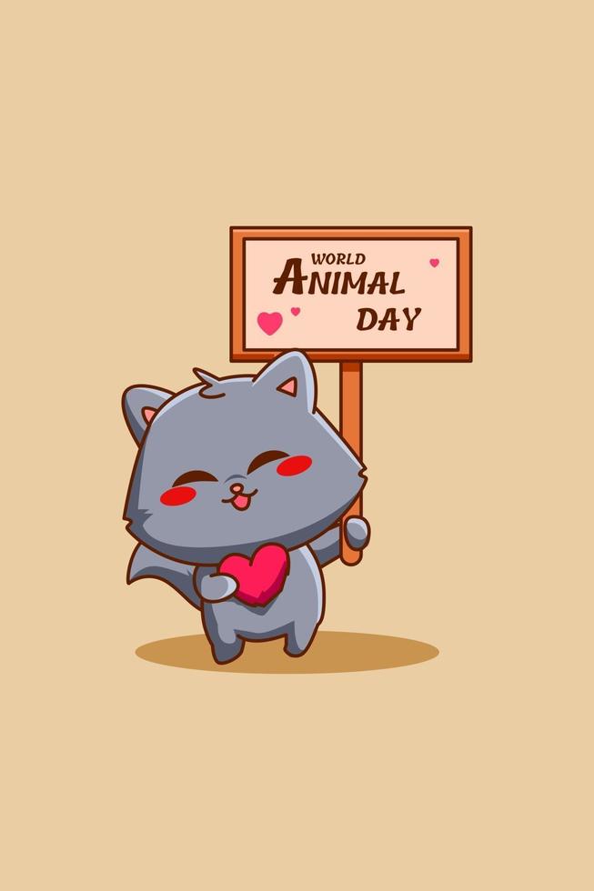 lindo gato con ilustración de dibujos animados de icono del día mundial de los animales vector