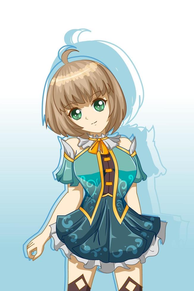 Cute and beautiful girl with blue dress character game vector