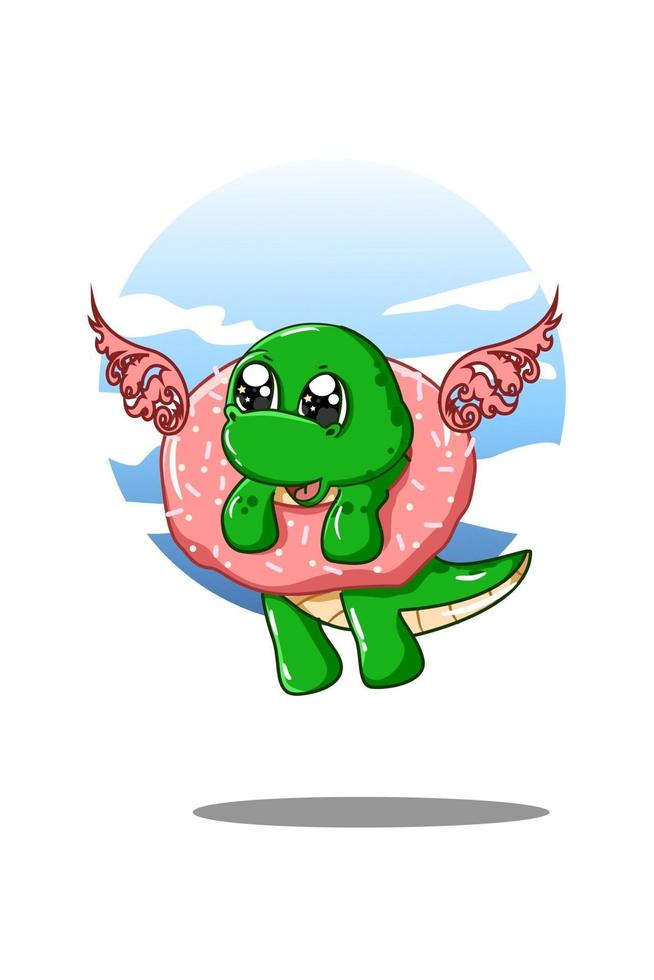 Small dinosaur flying on a donut with wings on sky background vector