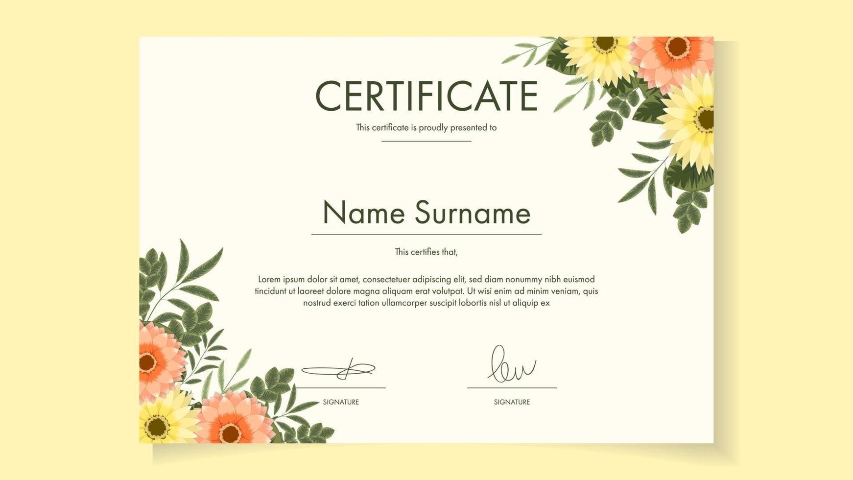 plantilla de certificado floral de flores para logros diploma de graduación vector