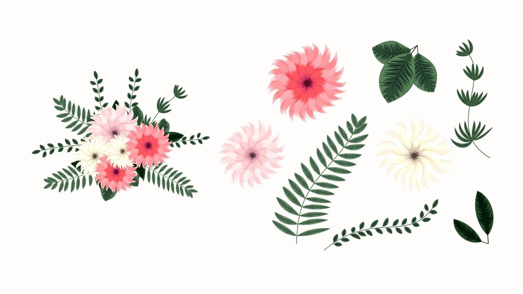 Set of floral elements. Colorful flowers leaves arrangement in bouquet vector