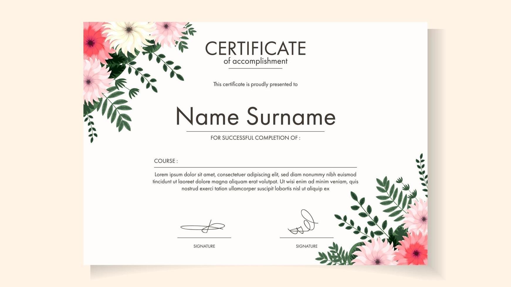 Plantilla de certificado floral delicadas flores románticas para taller. vector