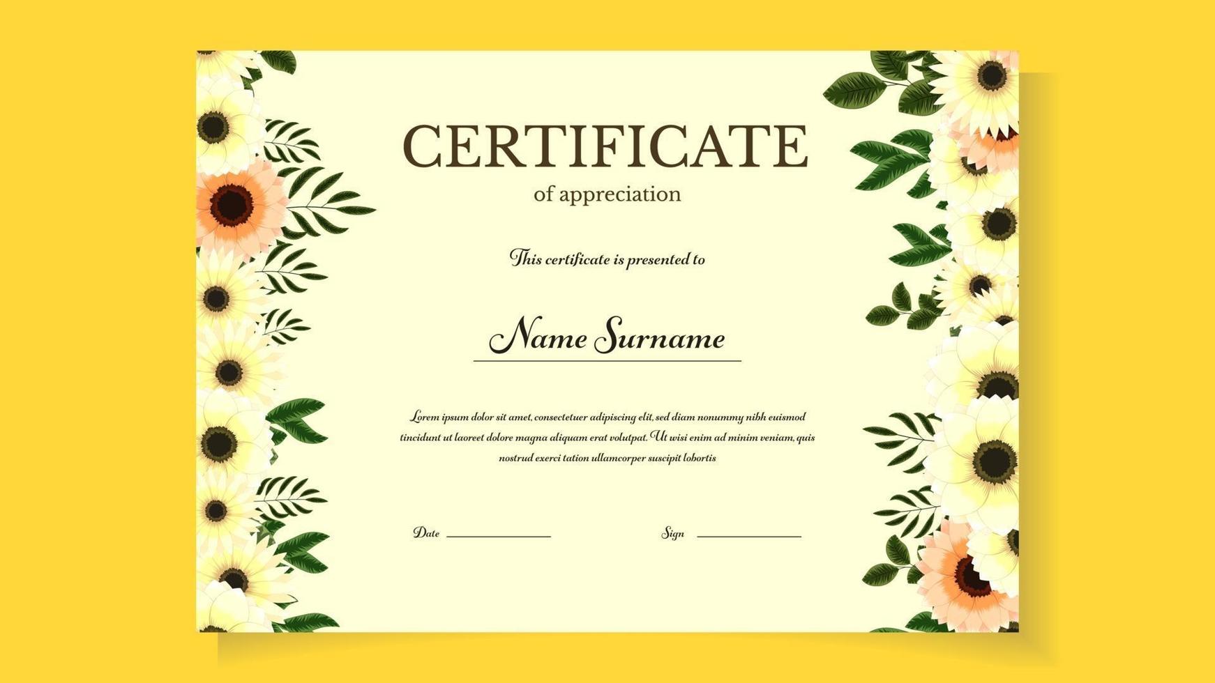 plantilla de certificado floral de flores para logros diploma de graduación vector