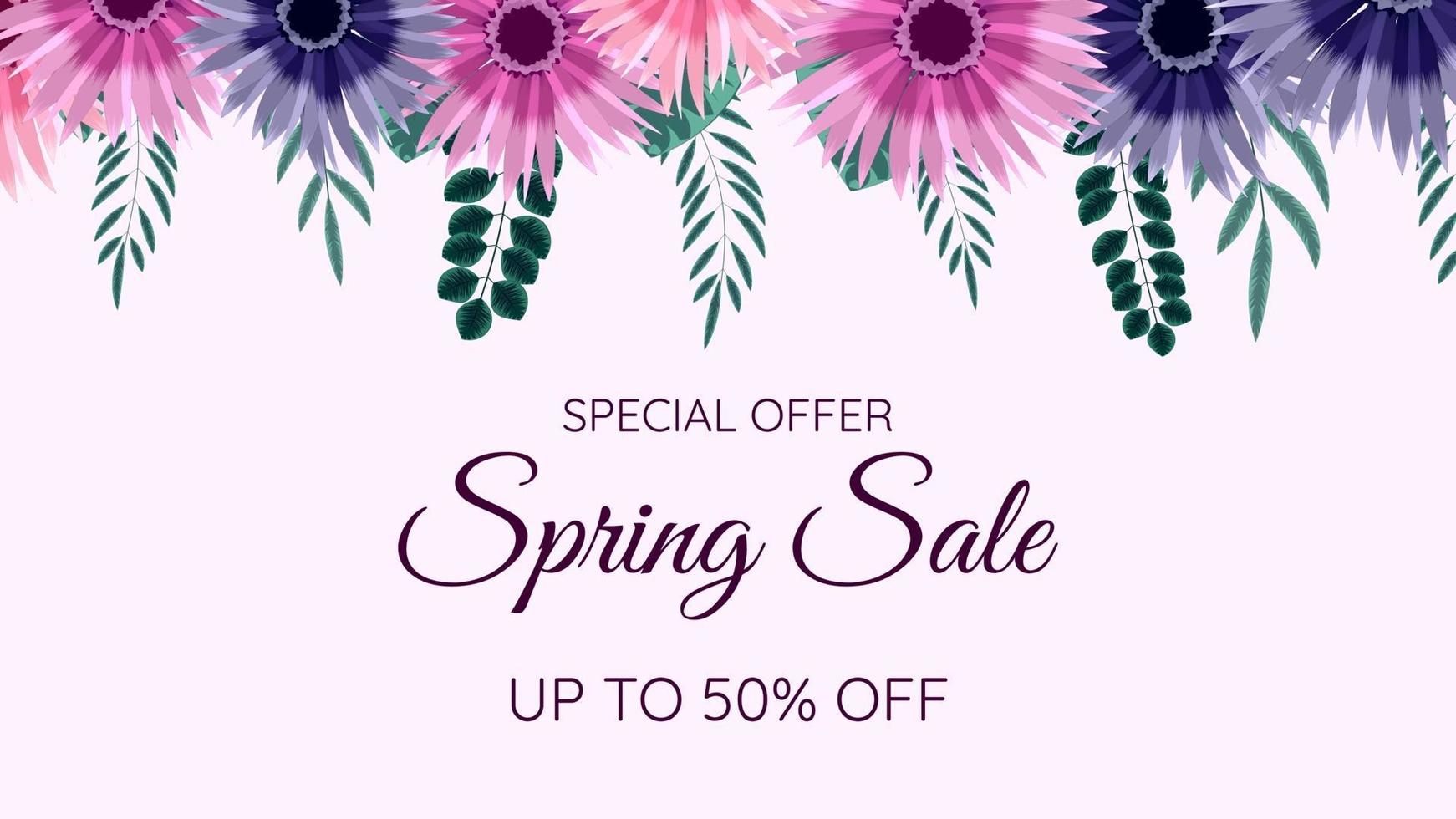 Banner de venta de primavera, cartel de descuento floral de temporada con flores. vector