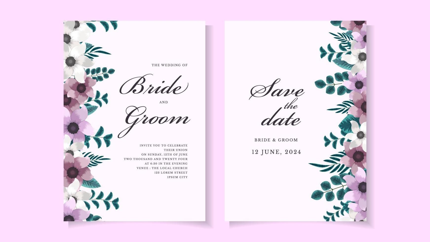 Floral Wedding card template flowers botanic invite Save the date RSVP vector