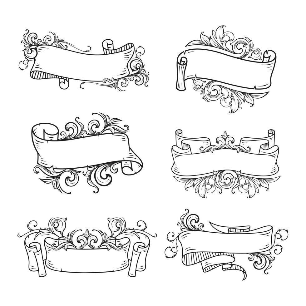 Set of hand drawn banner with floral baroque vector