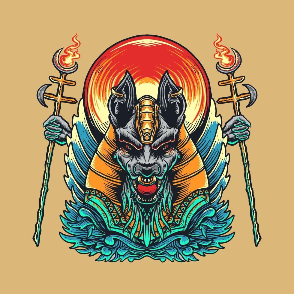 Diseño de ilustración de vector de cabeza de anubis con adornos