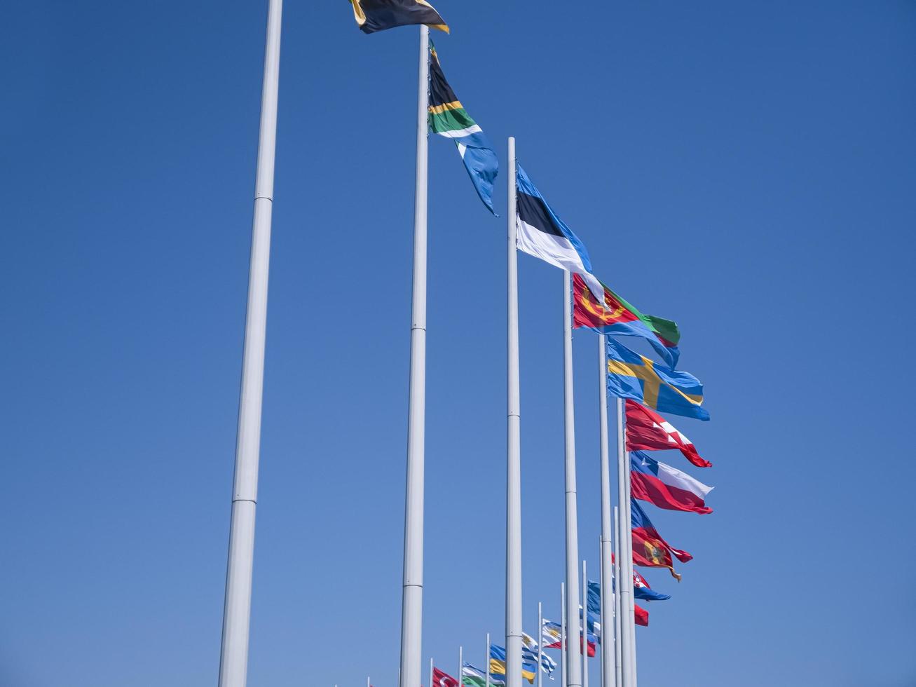 adler city, rusia - agosto de 2019, banderas de los países del mundo en mástiles en el parque olímpico foto