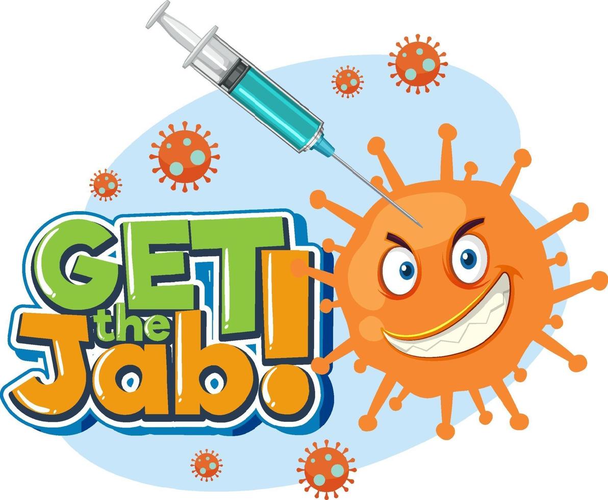 Obtenga la fuente de jab con la inyección de vacuna al personaje de coronavirus vector