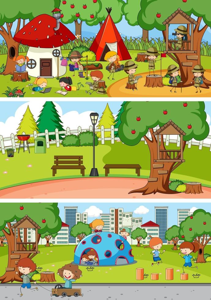 Different scenes with doodle kids cartoon character vector
