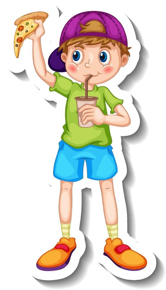 Sticker template with a boy eating junk food cartoon character vector