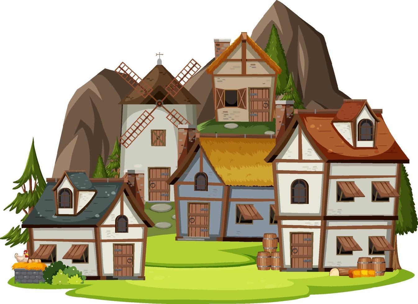 Medieval village scene on white background vector