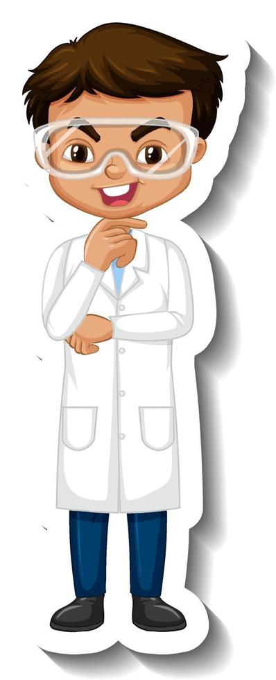 Cartoon character sticker with a boy in science gown vector