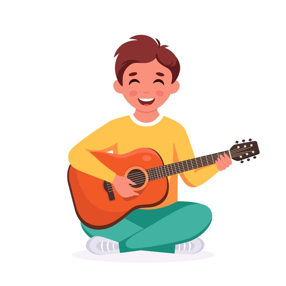 Little boy playing guitar. Child playing musical instrument. vector