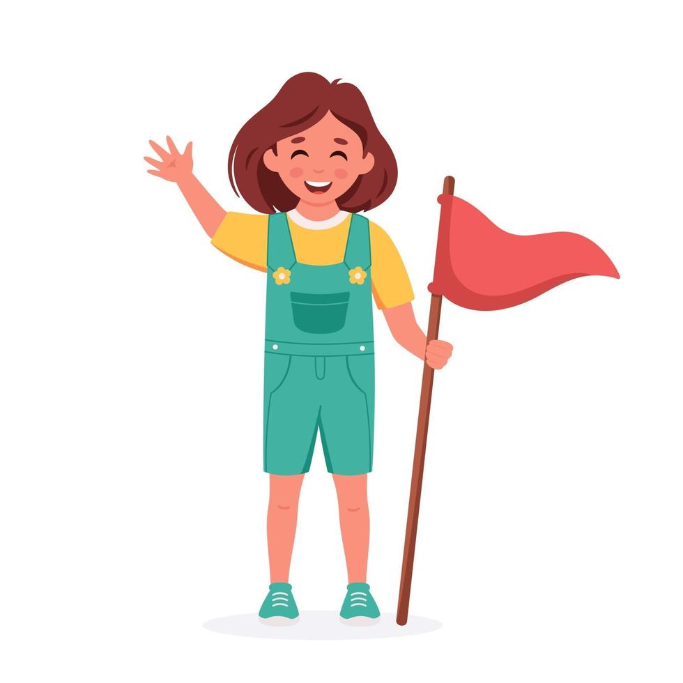 Little girl with flag. Girl scout. Camping, summer kids camp concept. vector