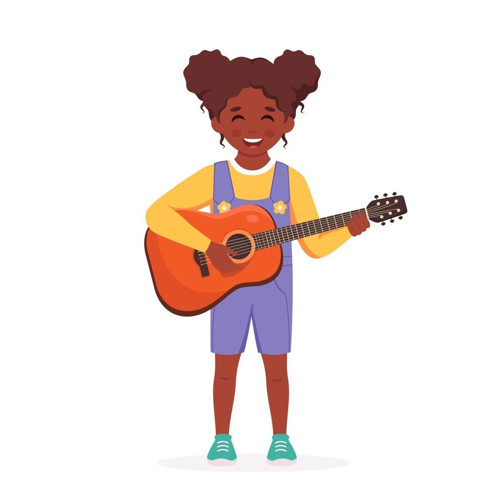 Little black girl playing guitar. Child playing musical instrument. vector
