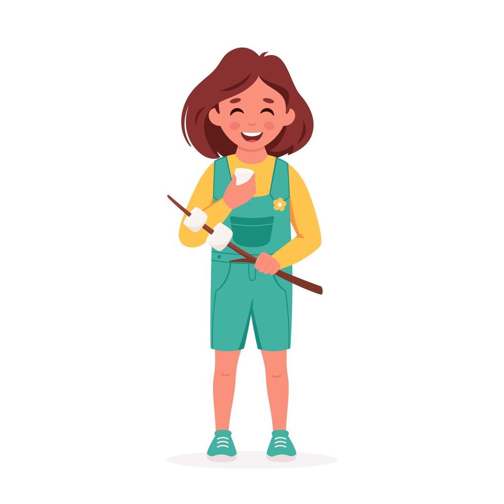 Little girl with marshmallow. Girl scout. Camping, summer kids camp vector