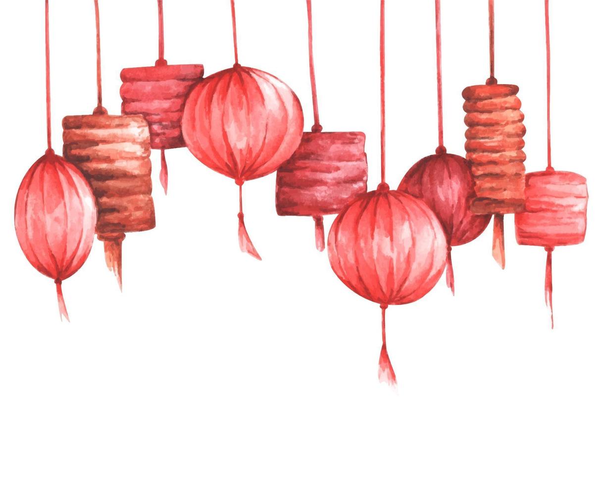 Watercolor tradition chinese lantern background with copy space. vector