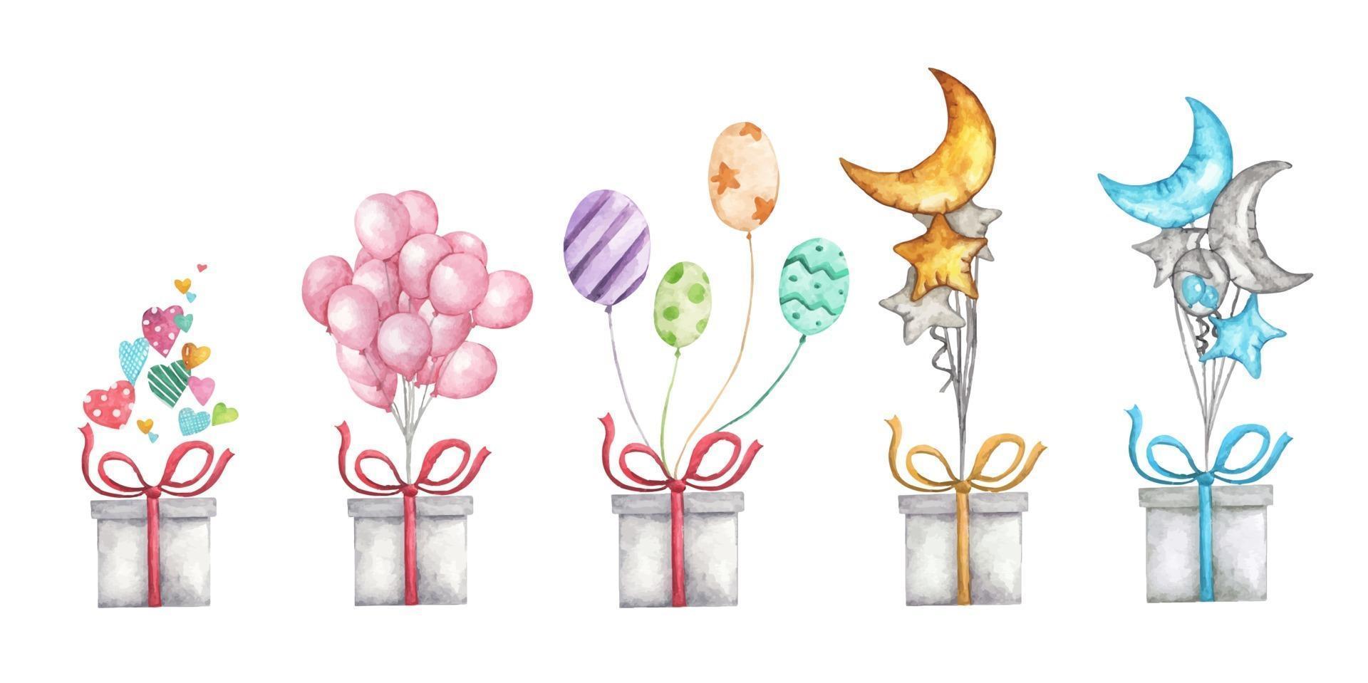 caja de regalo con globos. Ilustración acuarela. vector