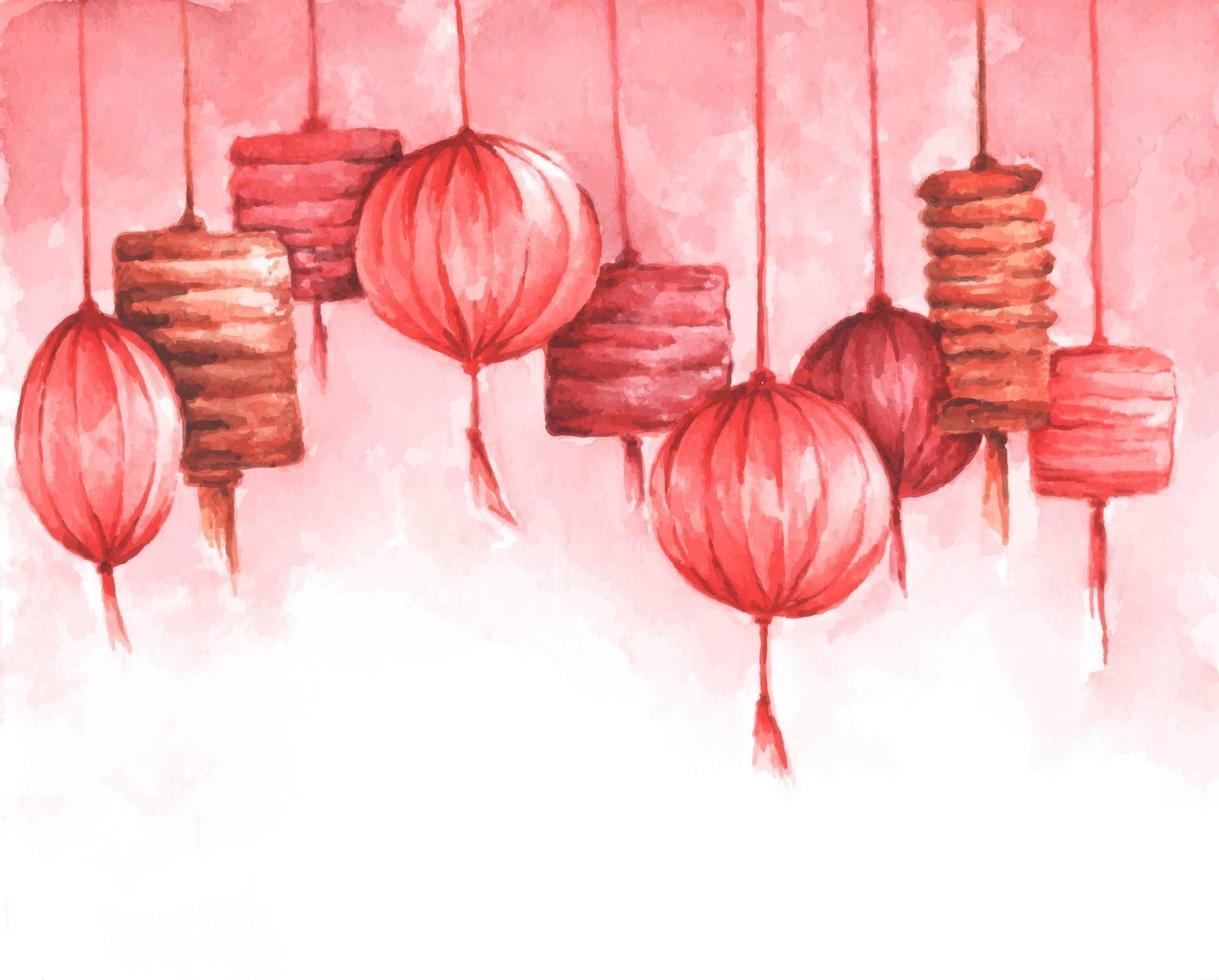 Watercolor tradition chinese lantern background with copy space. vector