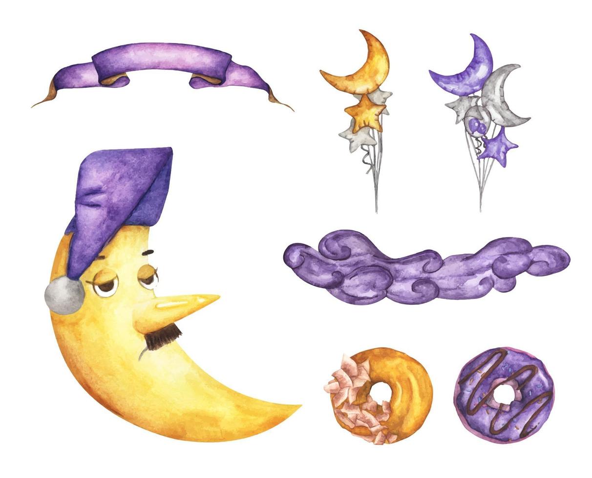 conjunto de acuarela. media luna, cinta, globo, nubes y rosquilla. vector