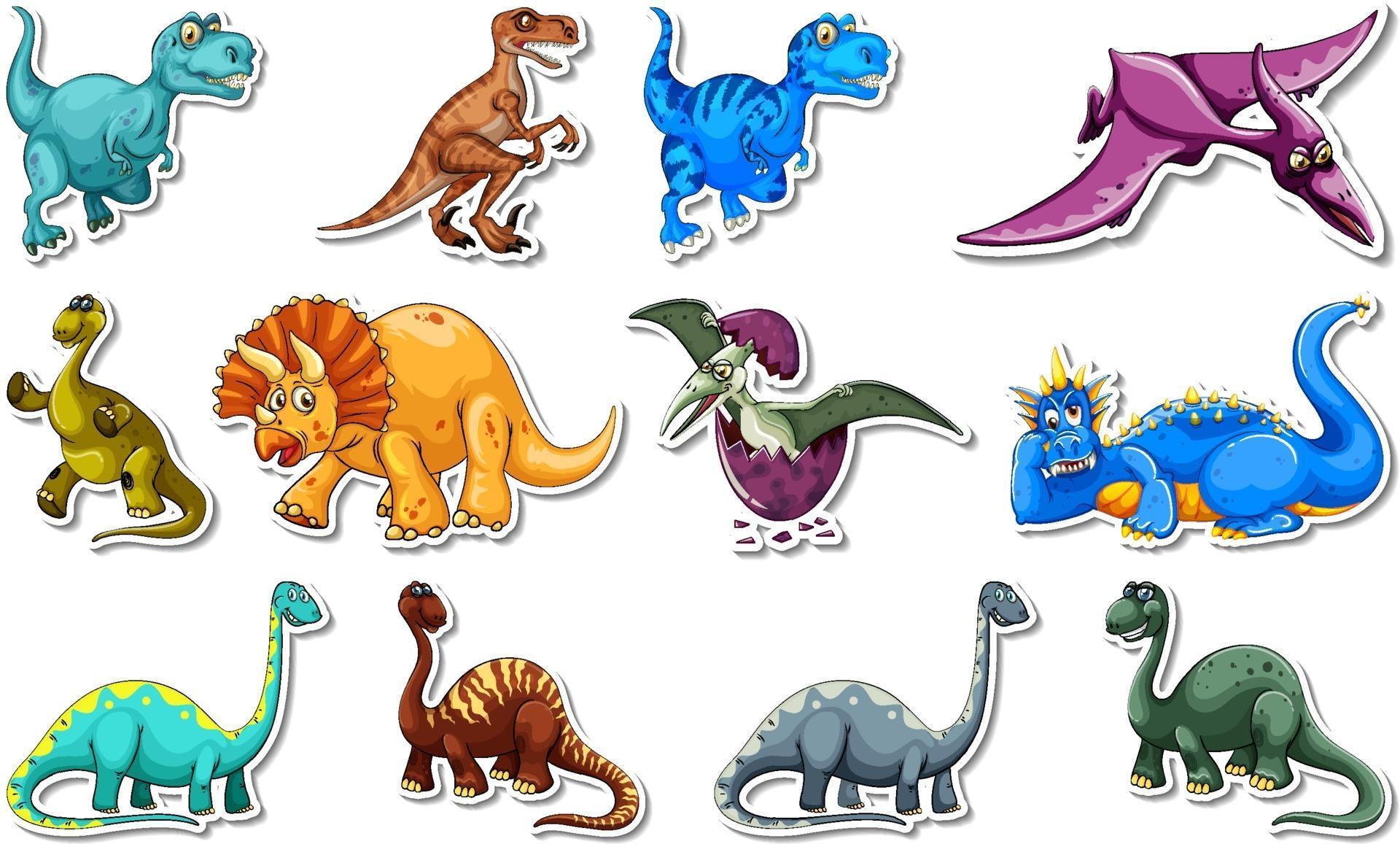 Sticker set with different types of dinosaurs cartoon characters