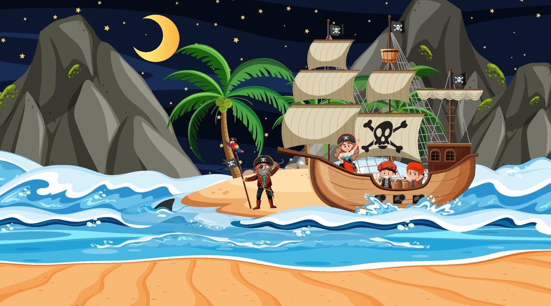 playa en escena nocturna con personaje de dibujos animados de niños piratas en el barco vector