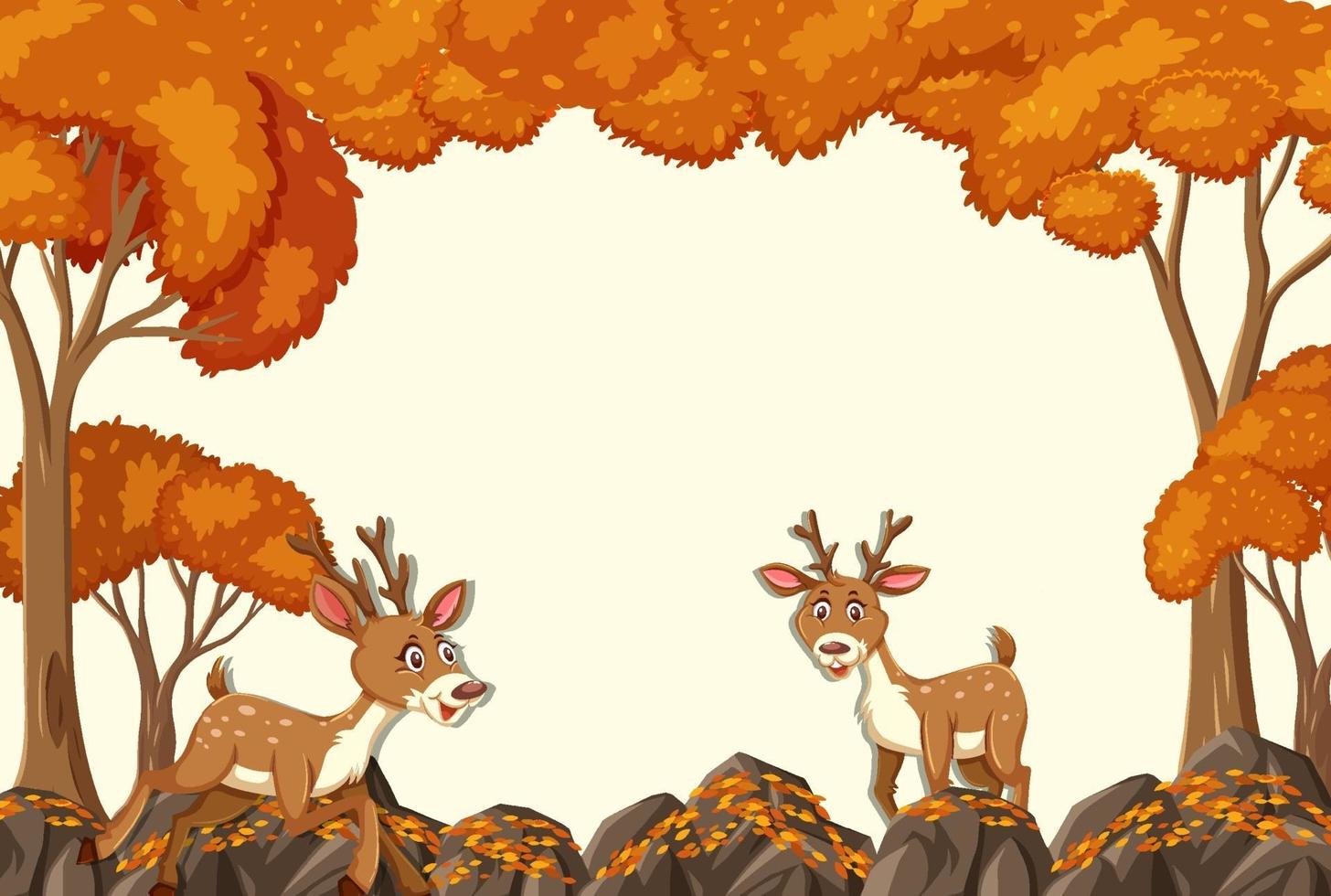 personaje de dibujos animados de ciervos en la escena del bosque otoñal en blanco vector