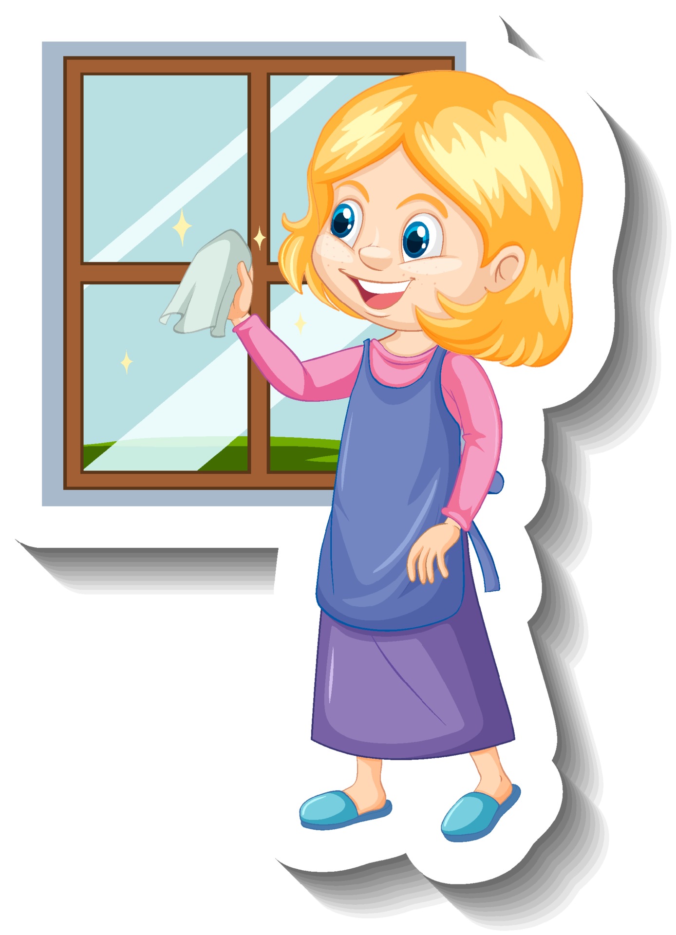 A housekeeper girl cleaning the window cartoon character sticker