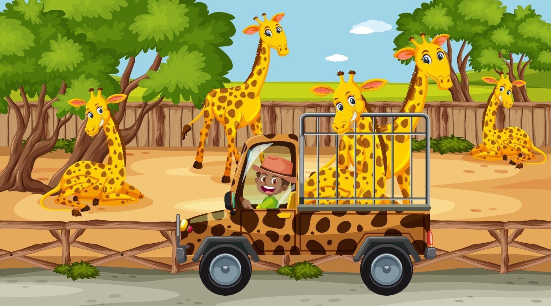 Zoo scene with happy giraffe in the cage car vector