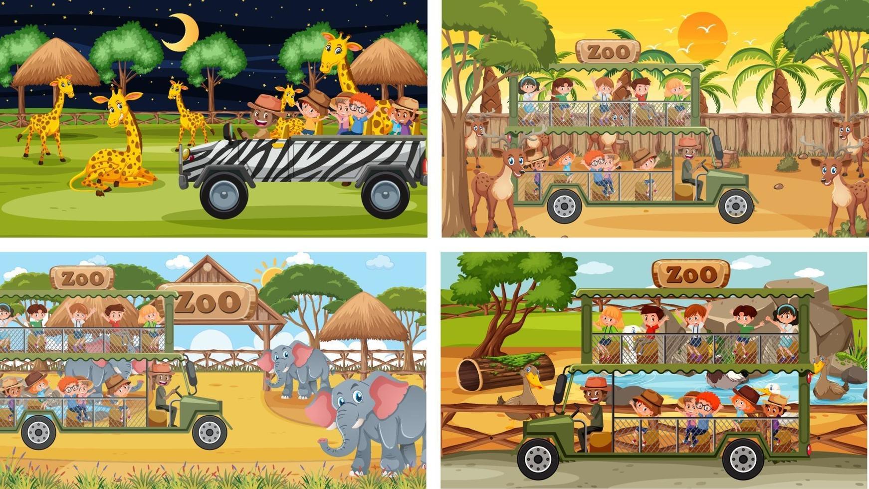 Conjunto de diferentes animales en escenas de safari con niños. vector