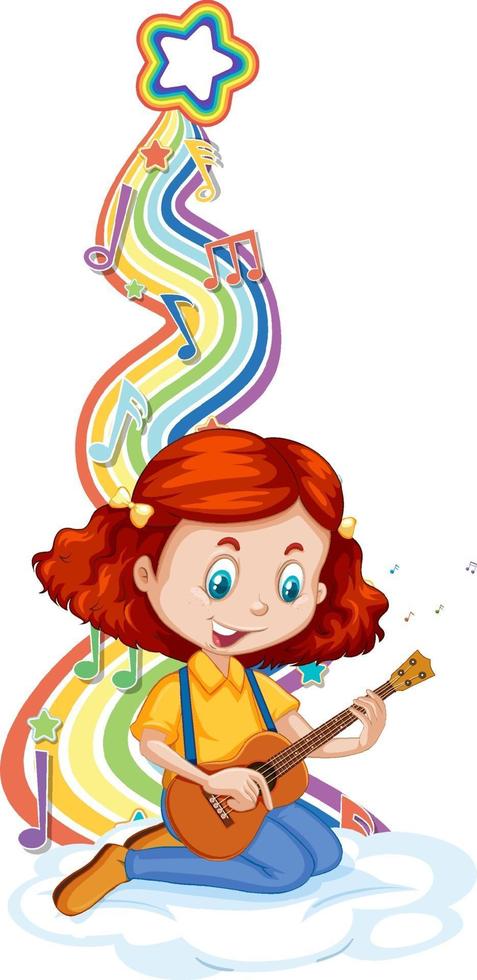 Girl playing guitar with melody symbols on rainbow wave vector