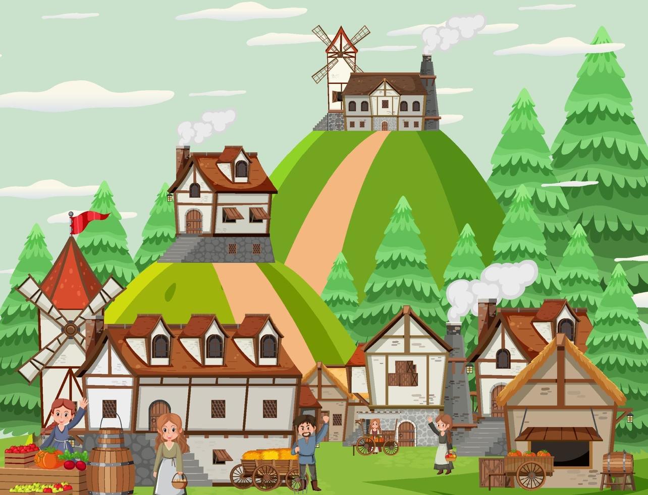 escena de pueblo medieval con aldeanos. vector
