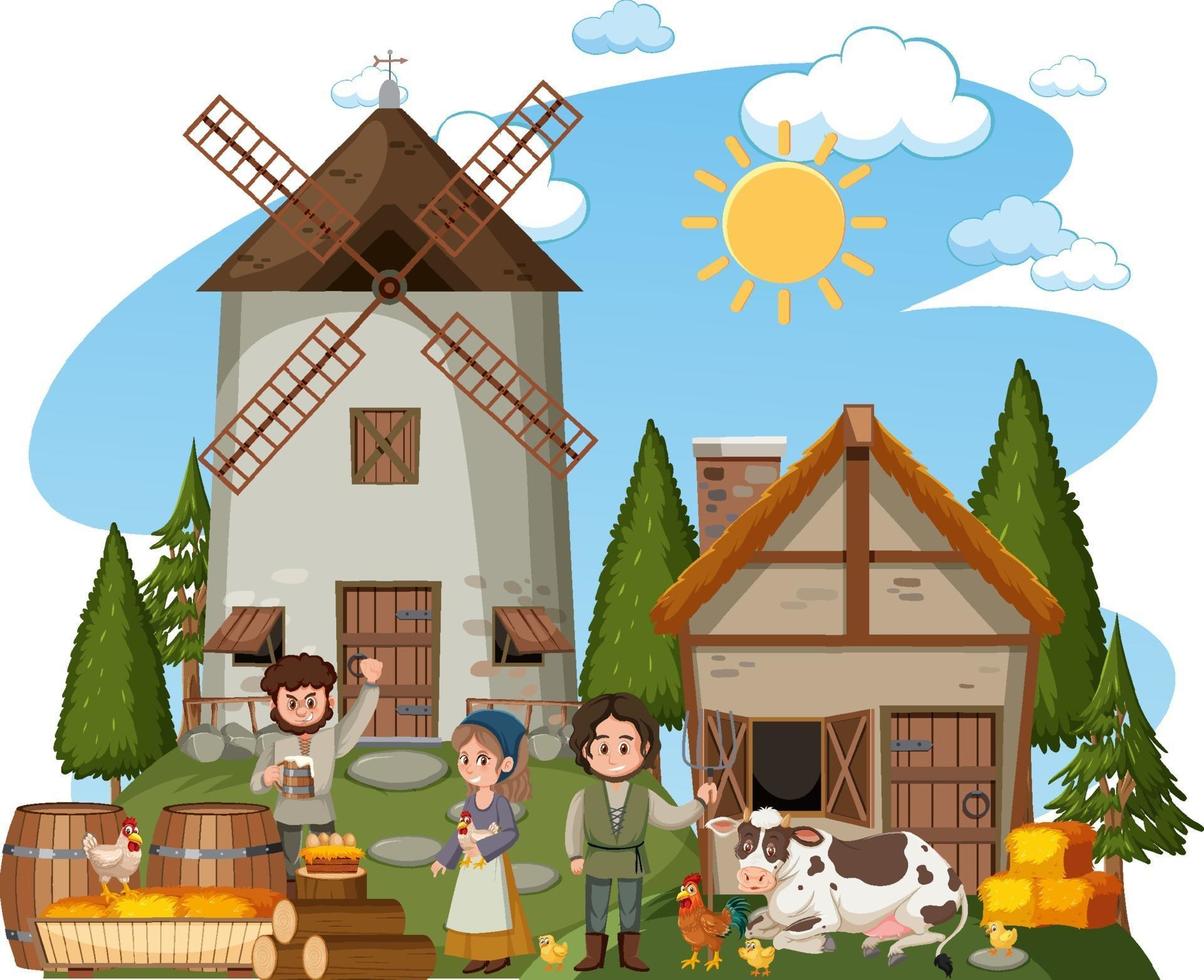 Medieval town with windmill and villagers vector