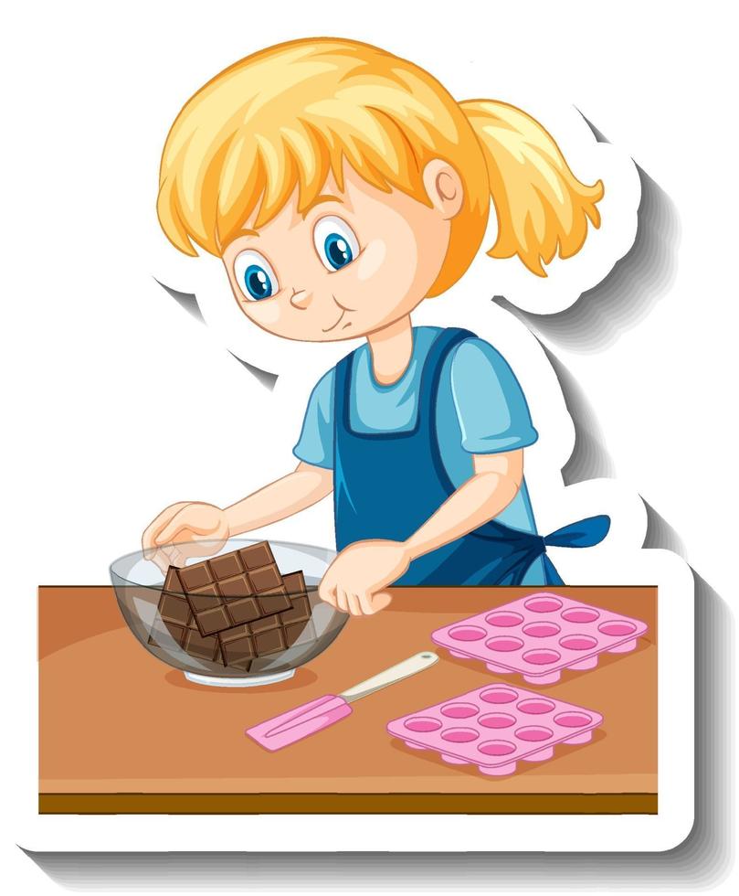 A girl with chocolate in a bowl cartoon sticker vector