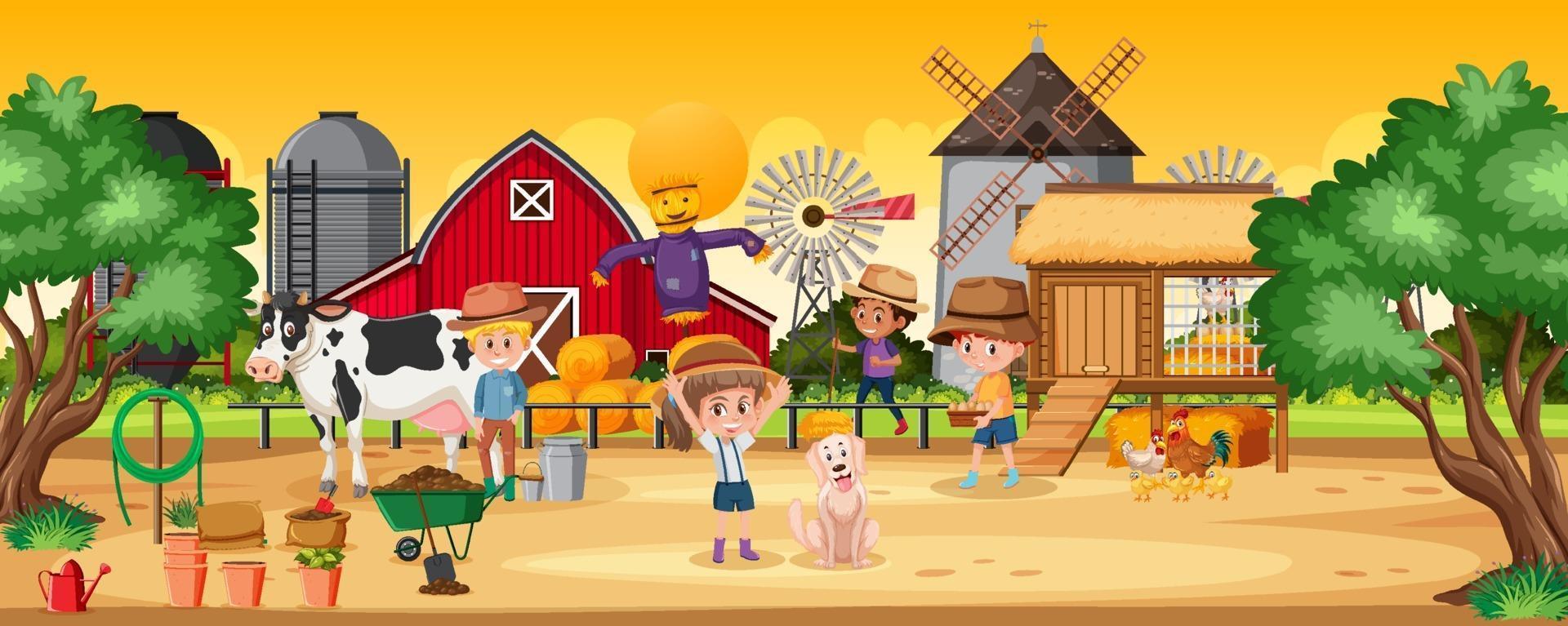 Happy children at the farm scene vector